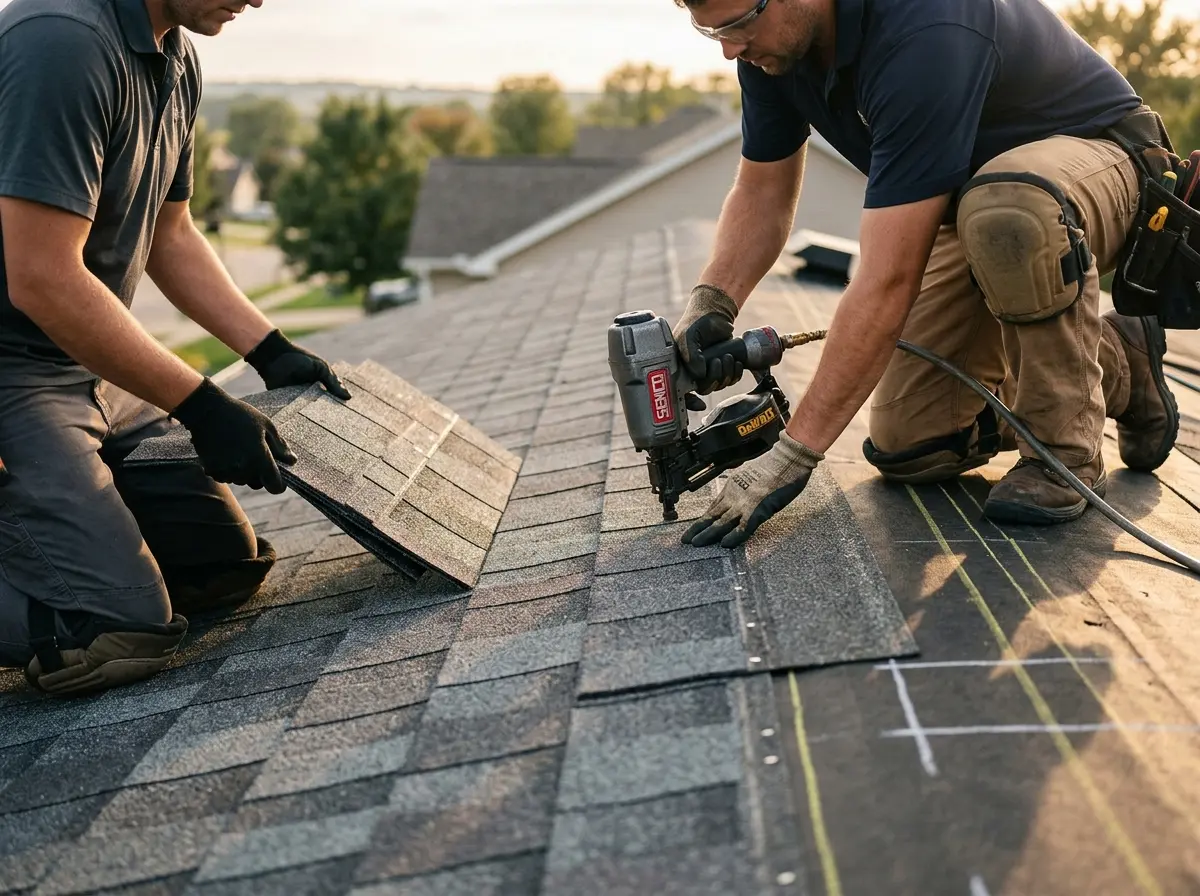 Professional roofer working on a residential roof in Bangor